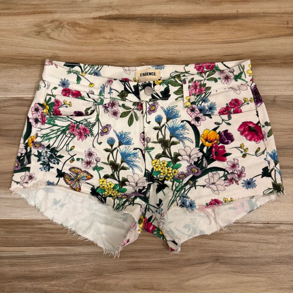 L'AGENCE Audrey Mid Rise Botanical Floral Denim Shorts White Multi Size 26